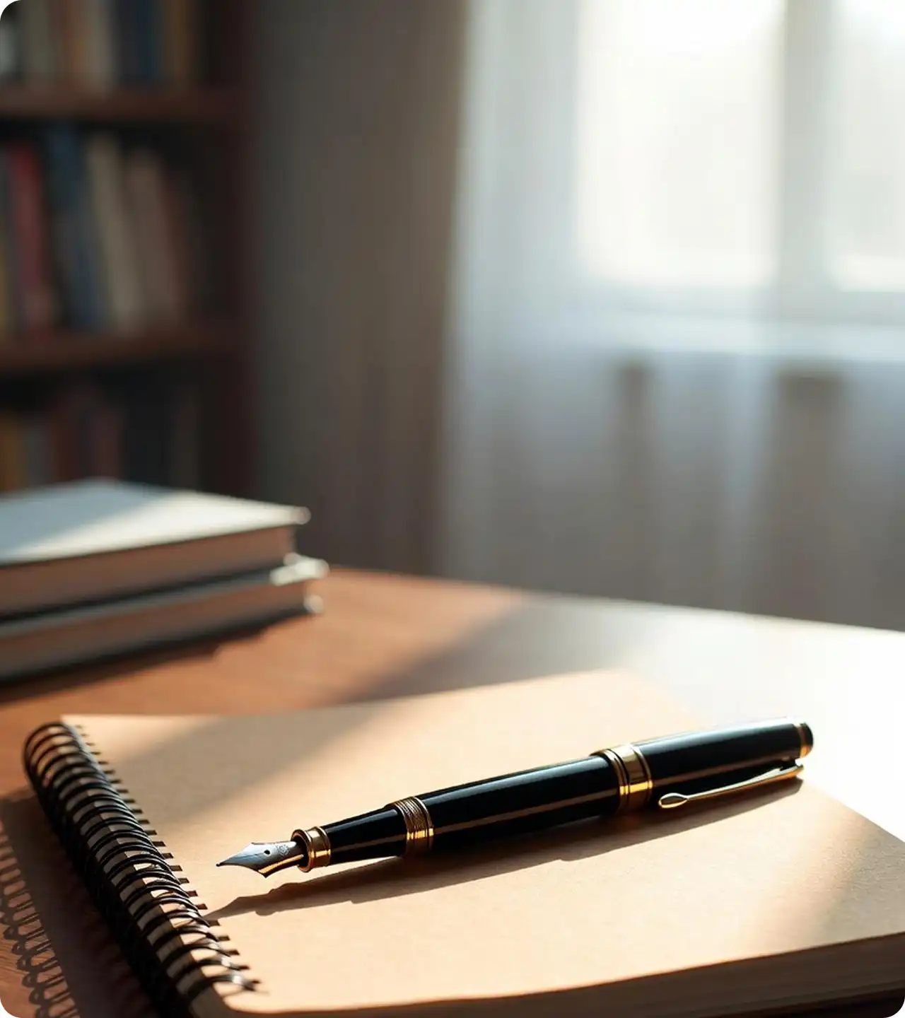 デスク上のペンとノート、本棚と窓の光が差し込むオフィス風景